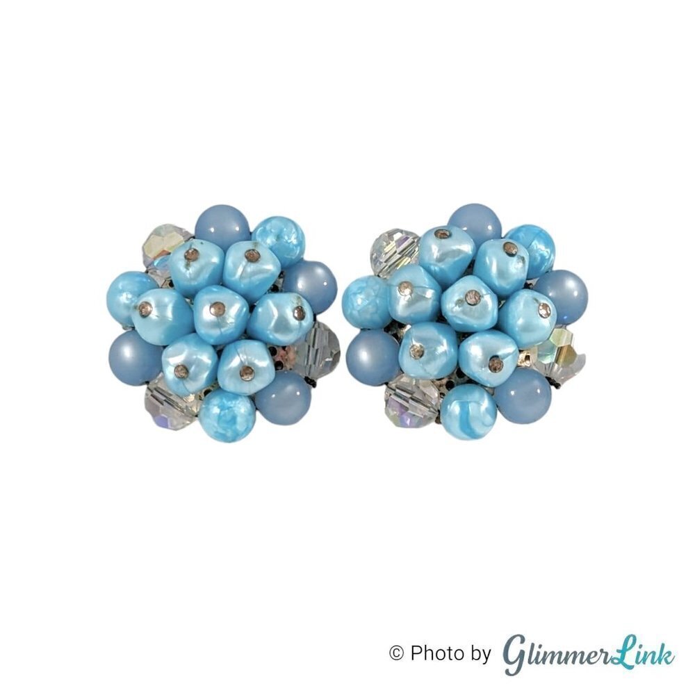 Vintage 60s Blue Moonglow Faux Pearl Beaded Cluster Clip On Earrings